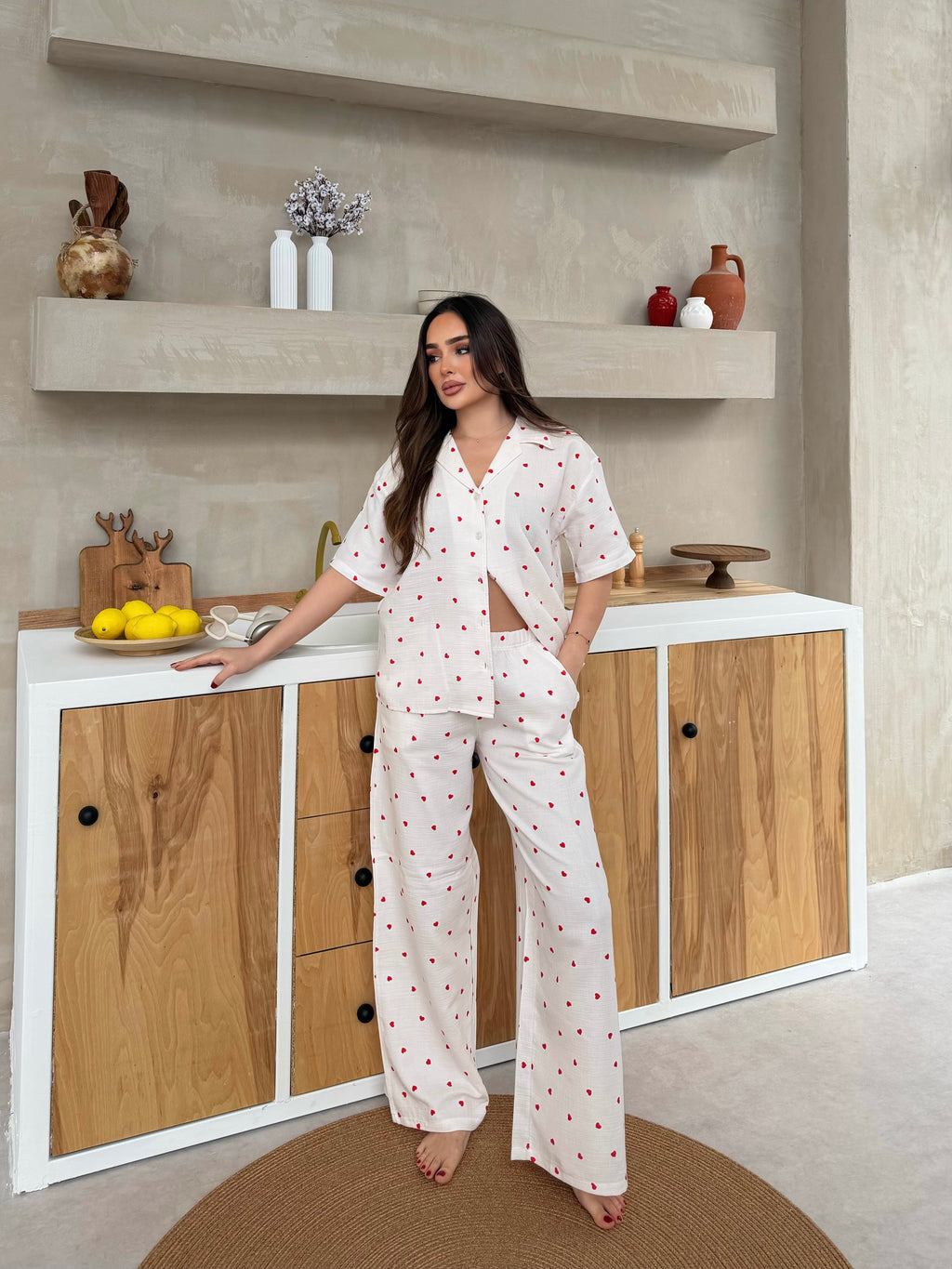 Müslin Uzun Pantolon Kalpli Pijama Takımı