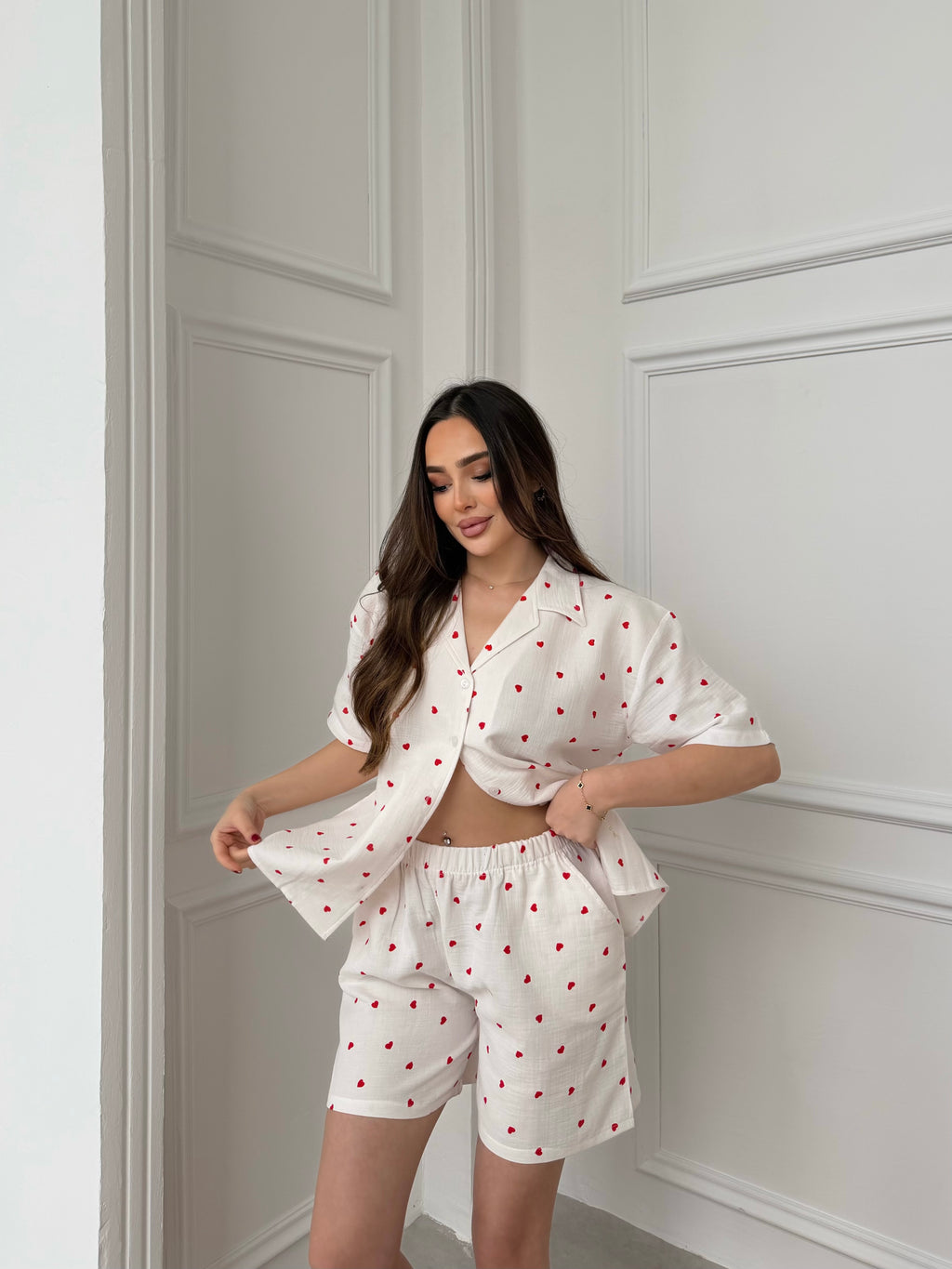 Müslin Kısa Kollu Kalpli Pijama Takımı