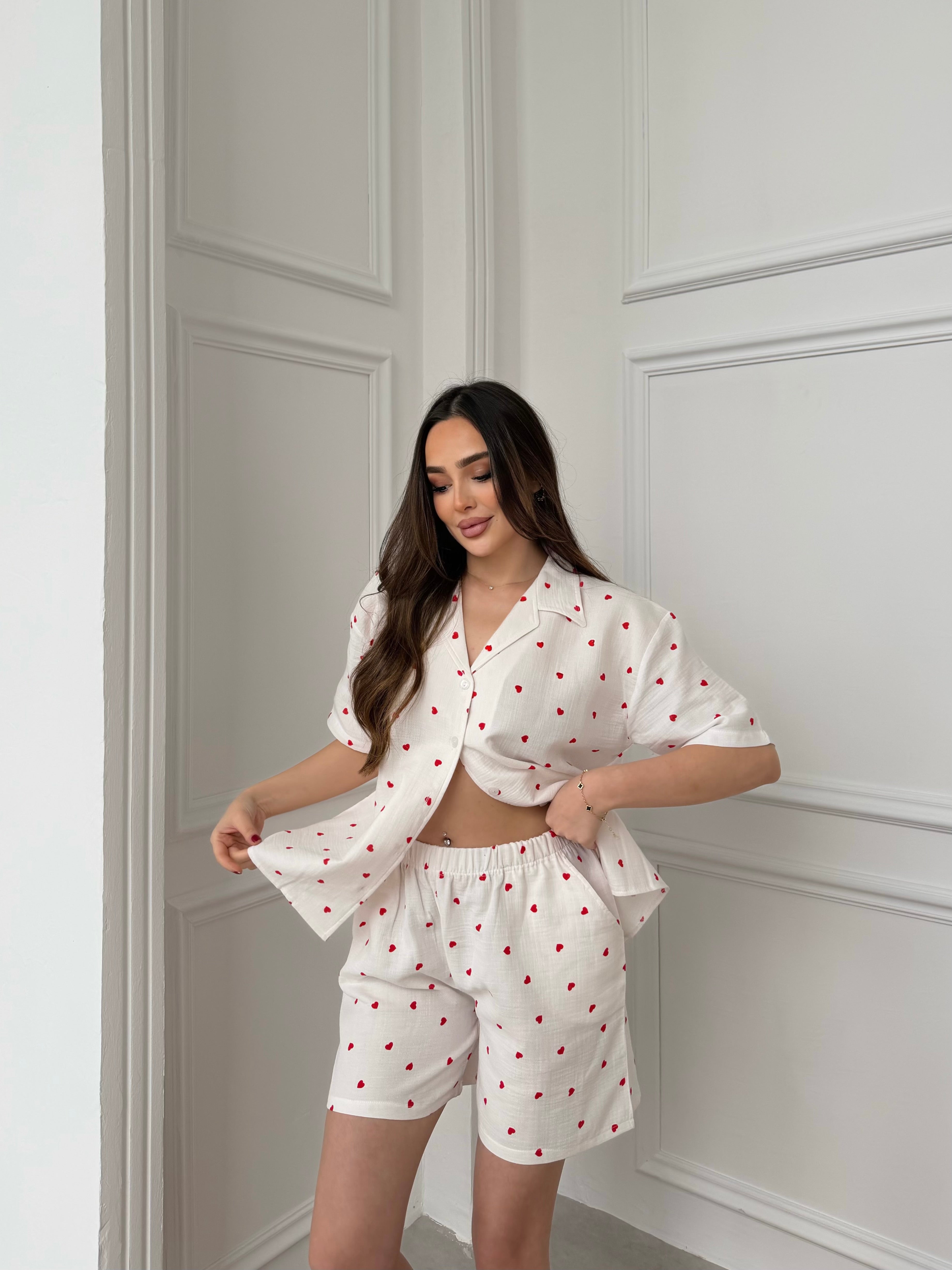 Müslin Kısa Kollu Kalpli Pijama Takımı