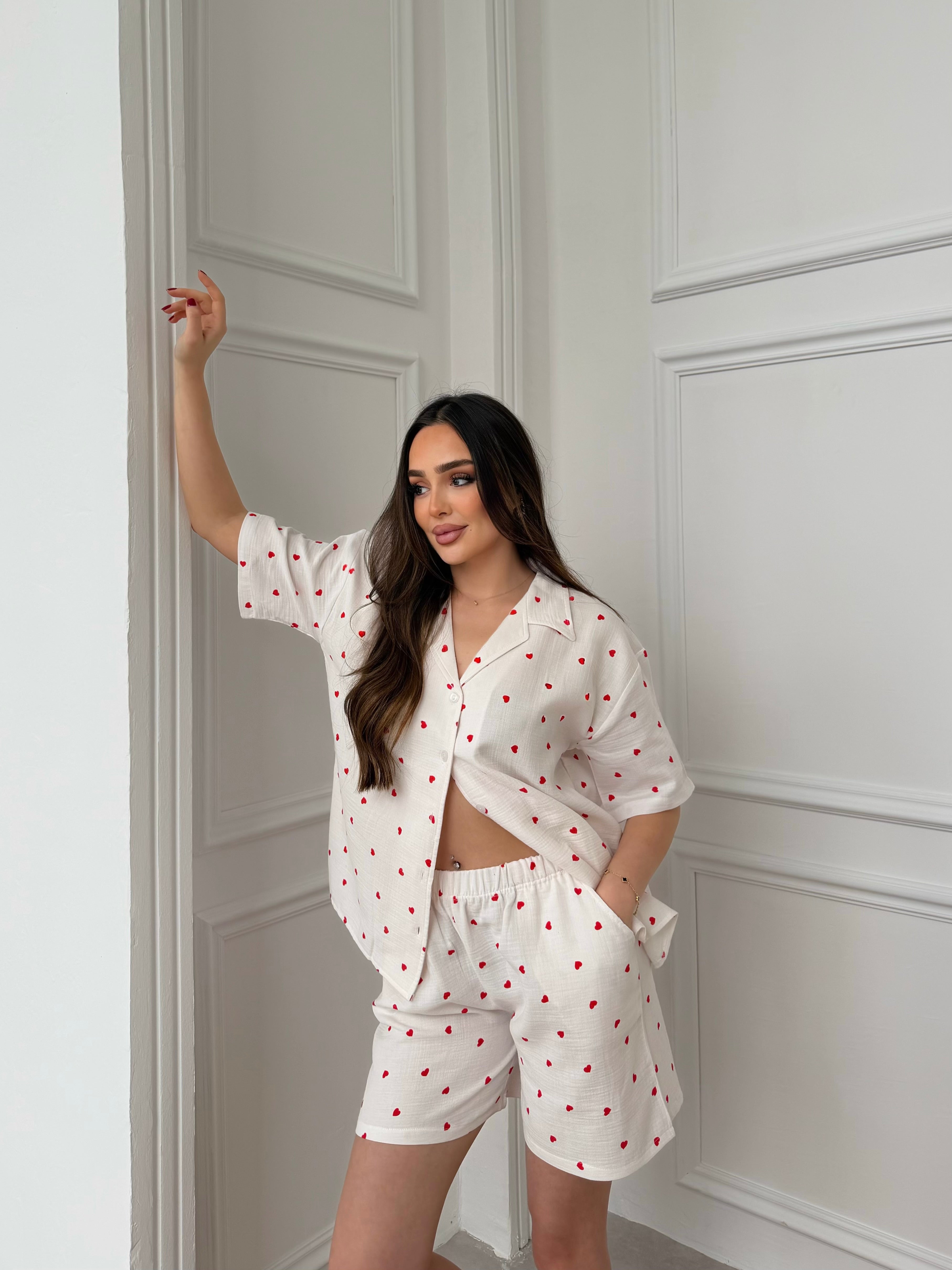 Müslin Kısa Kollu Kalpli Pijama Takımı