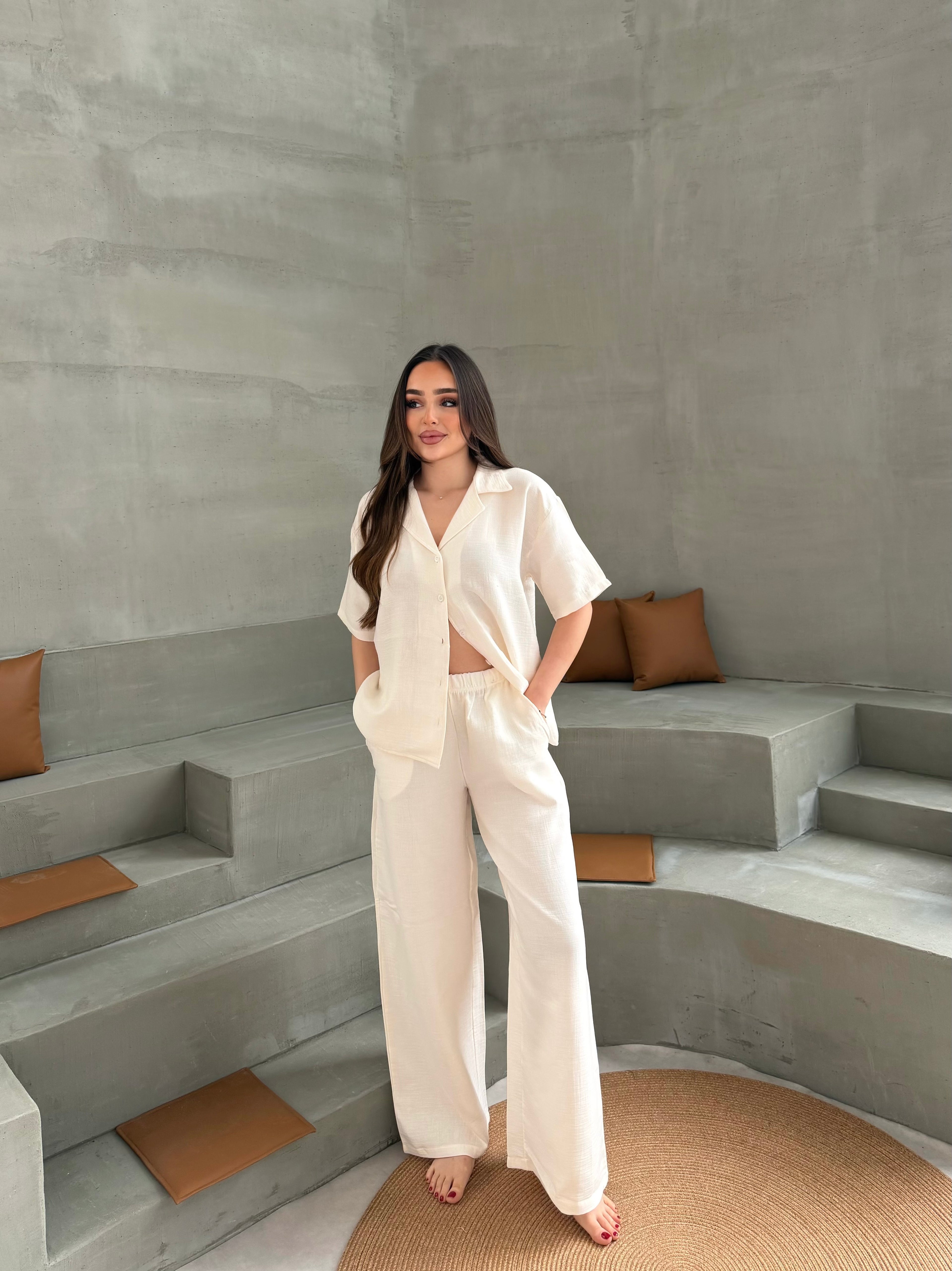 Müslin Uzun Pantolon Ekru Pijama Takımı