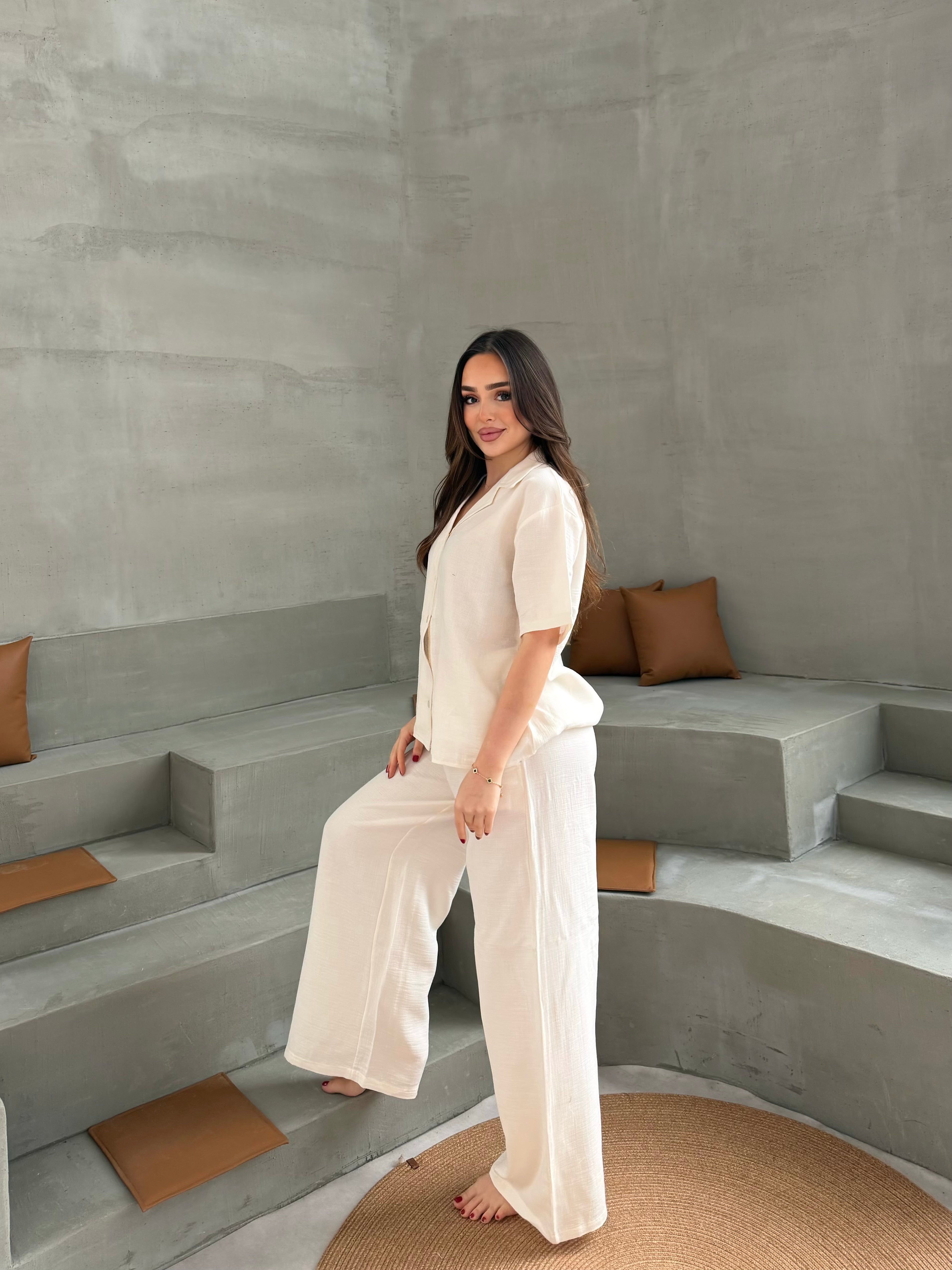 Müslin Uzun Pantolon Ekru Pijama Takımı