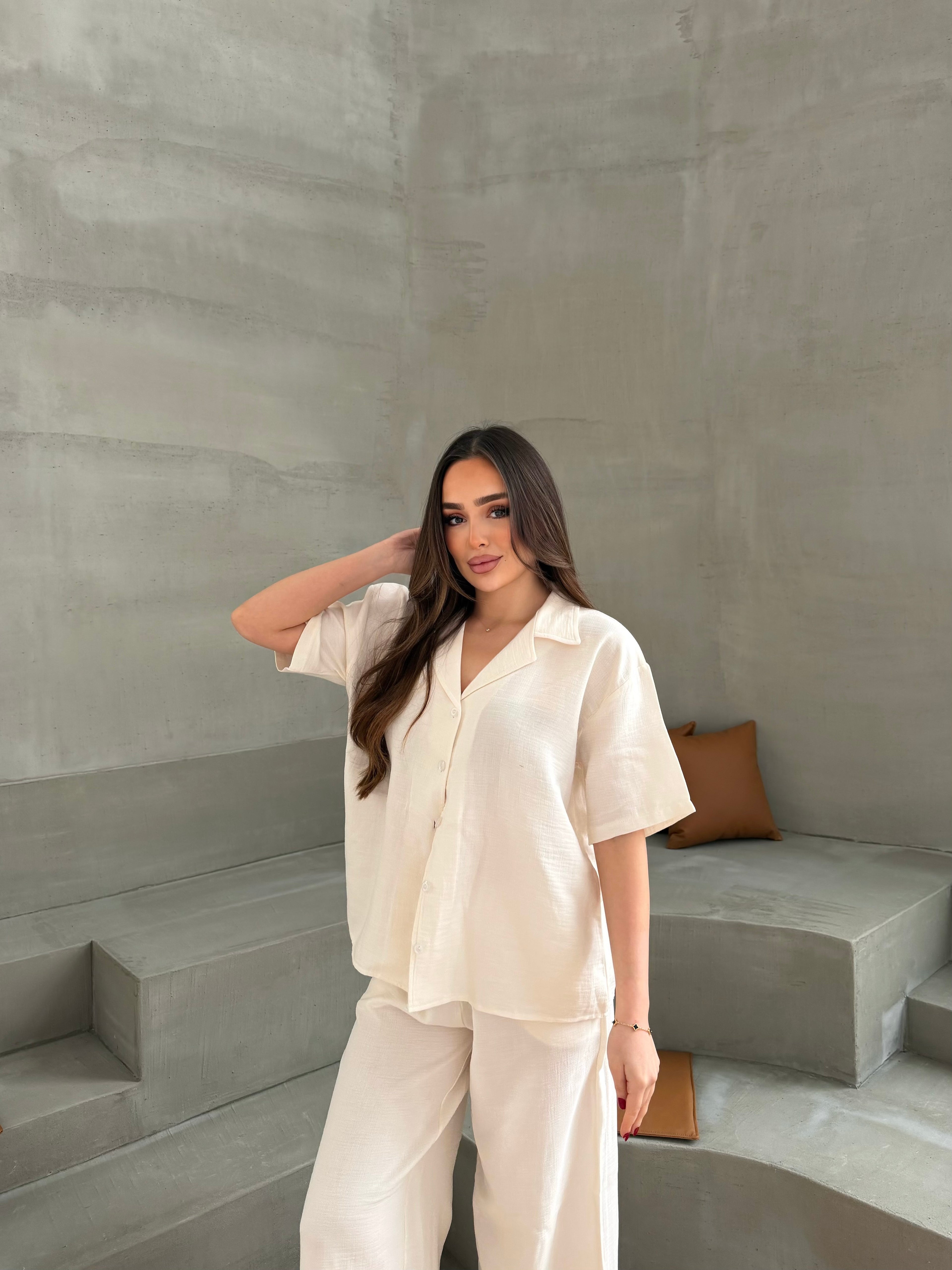 Müslin Uzun Pantolon Ekru Pijama Takımı