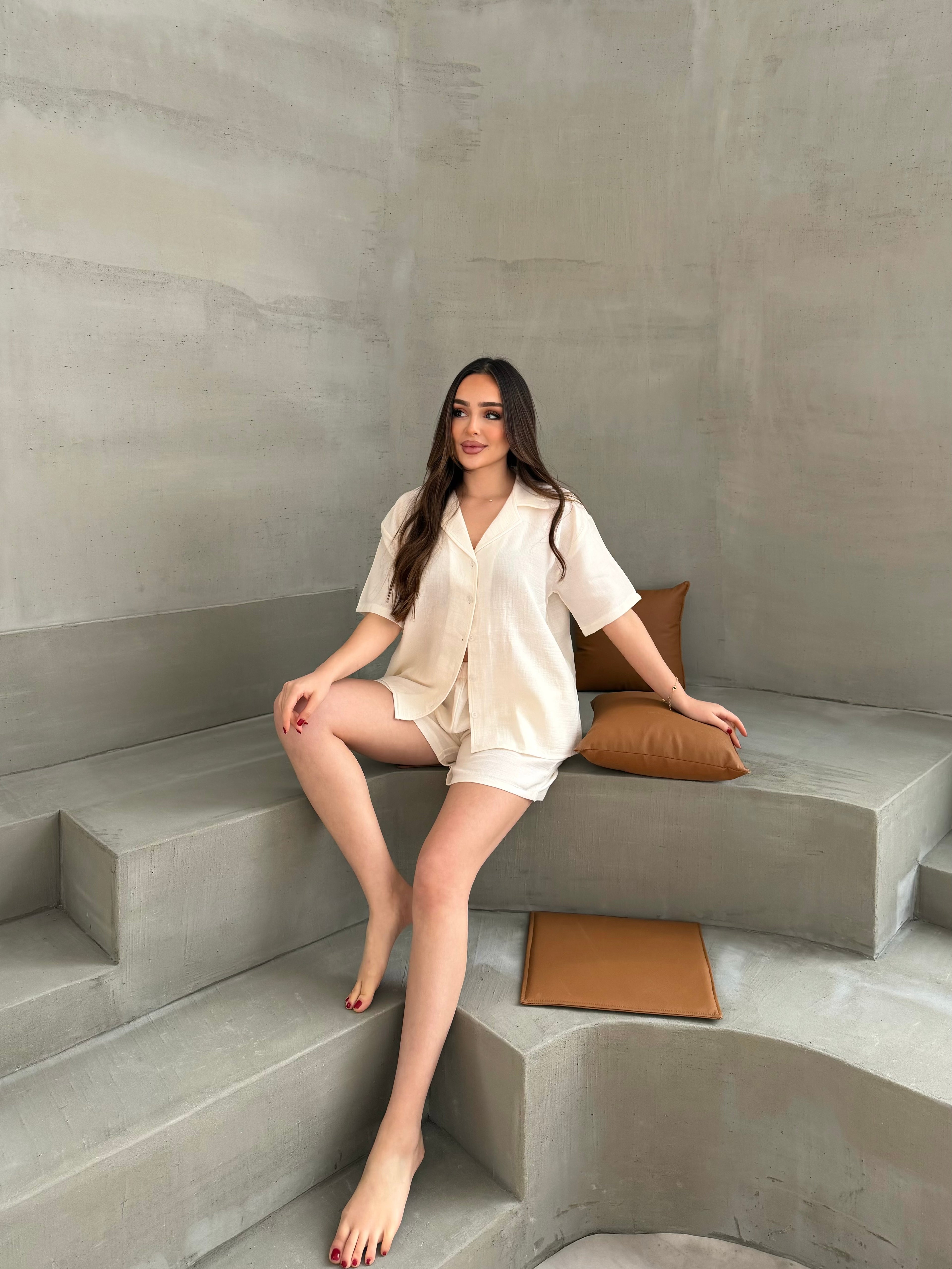 Müslin Kısa Kollu Ekru Pijama Takımı