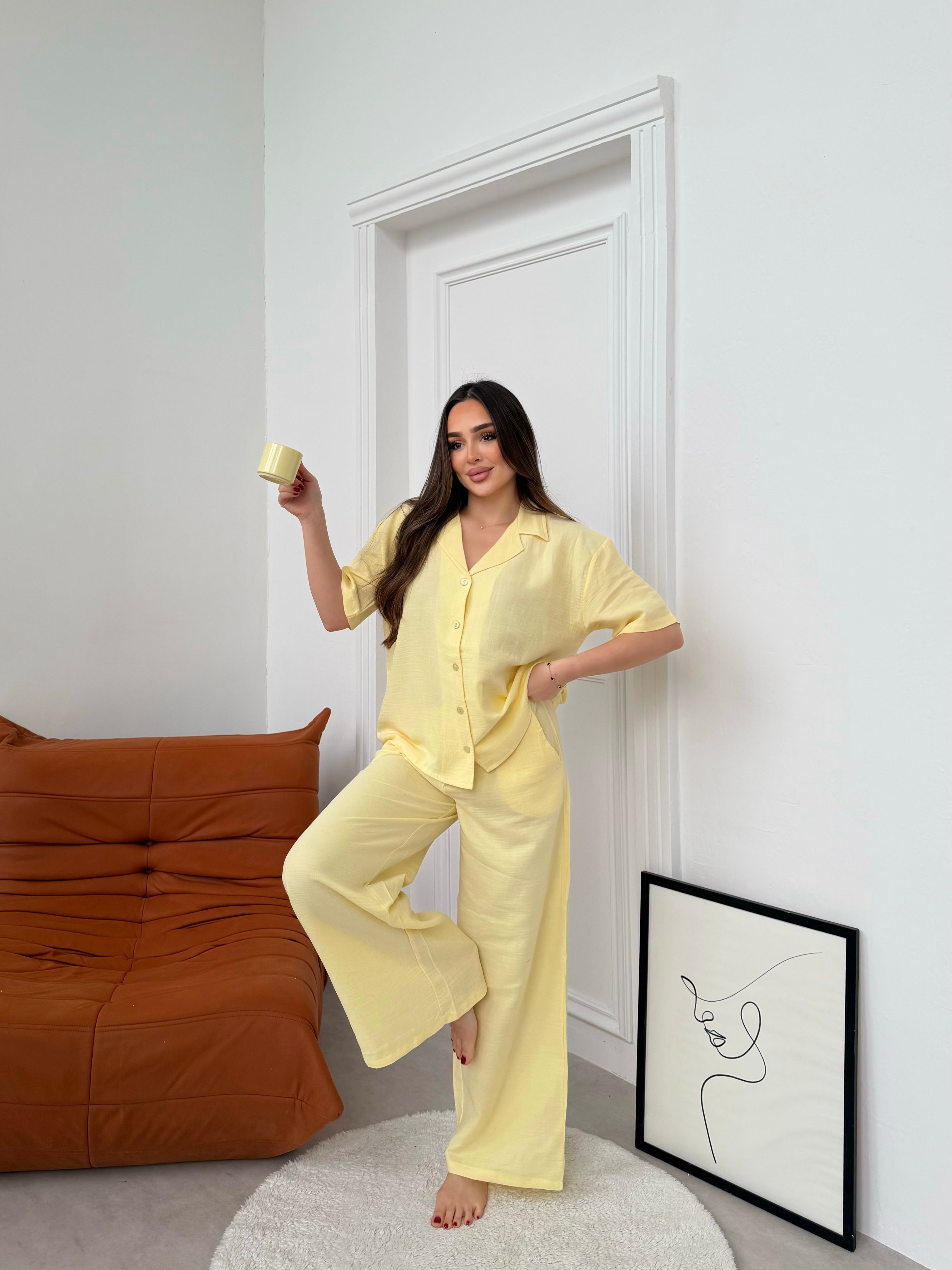 Müslin Uzun Pantolon Sarı Pijama Takımı