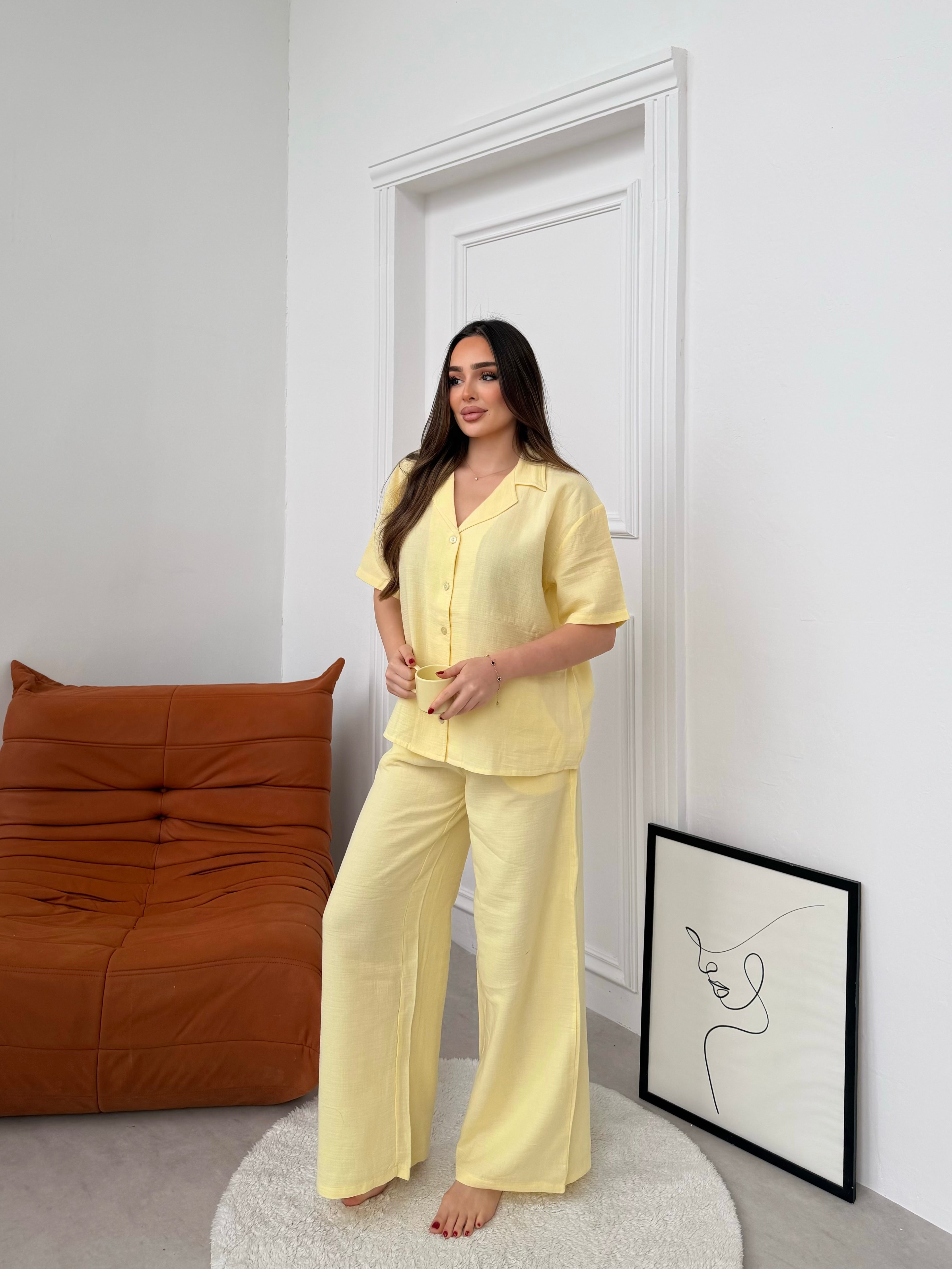 Müslin Uzun Pantolon Sarı Pijama Takımı