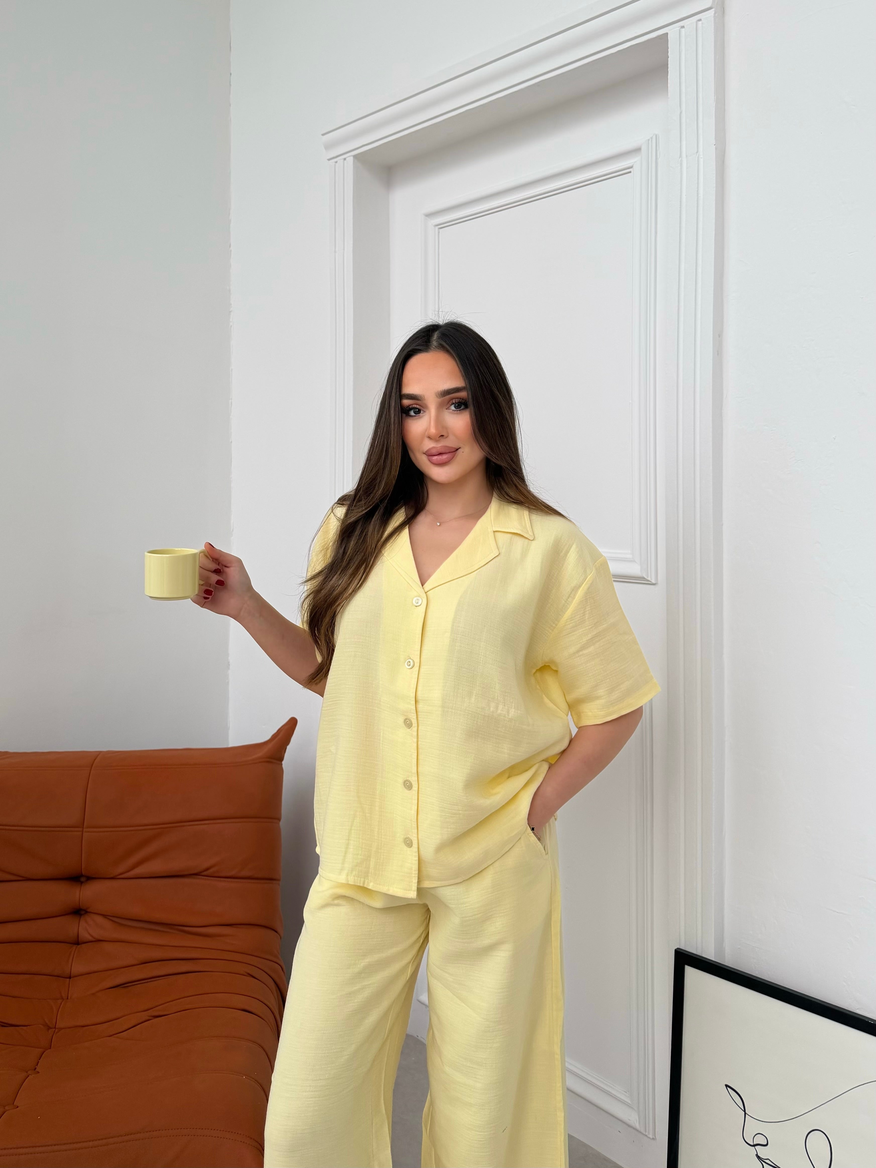 Müslin Uzun Pantolon Sarı Pijama Takımı