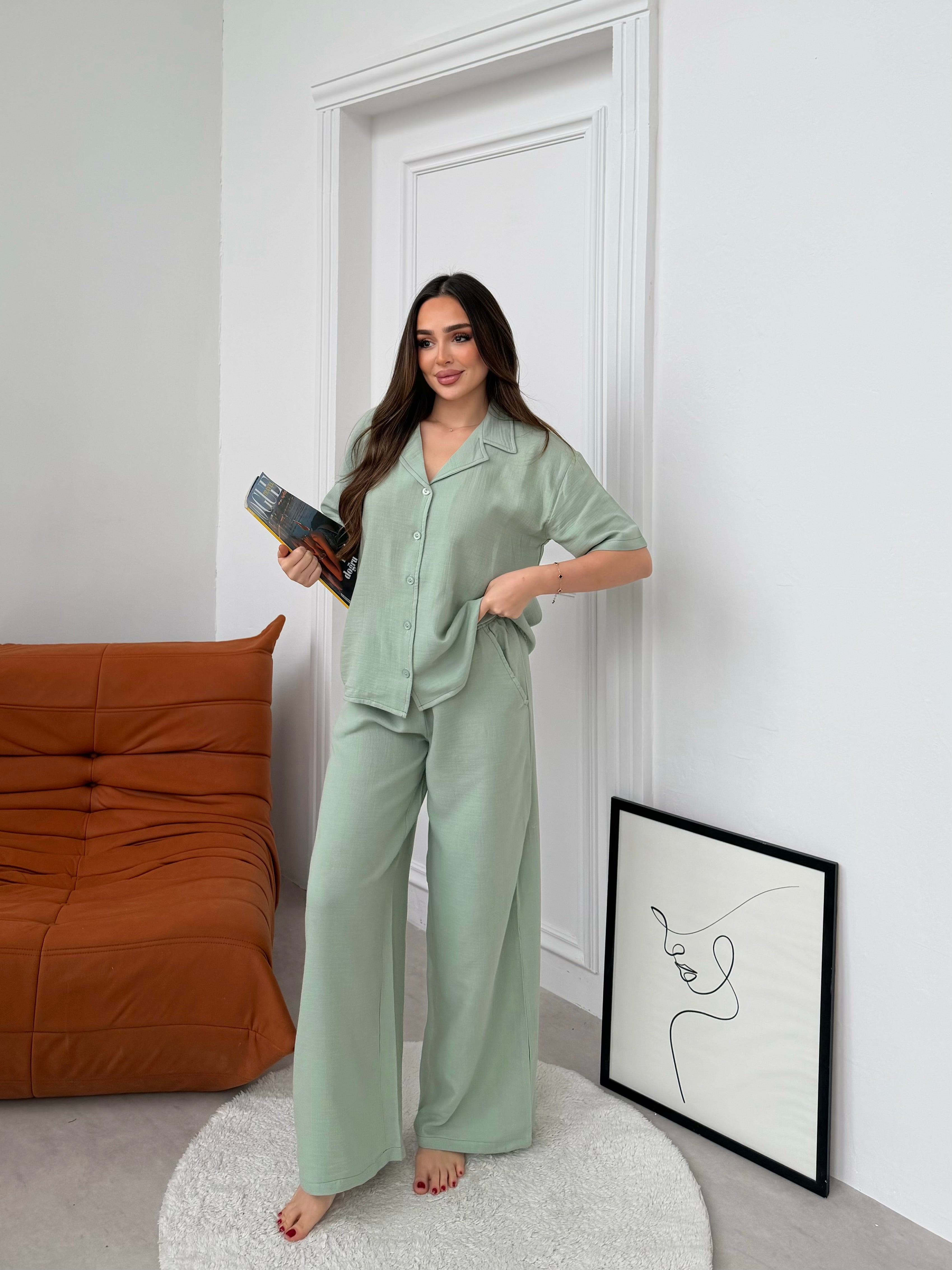 Müslin Uzun Pantolon Yeşil Pijama Takımı