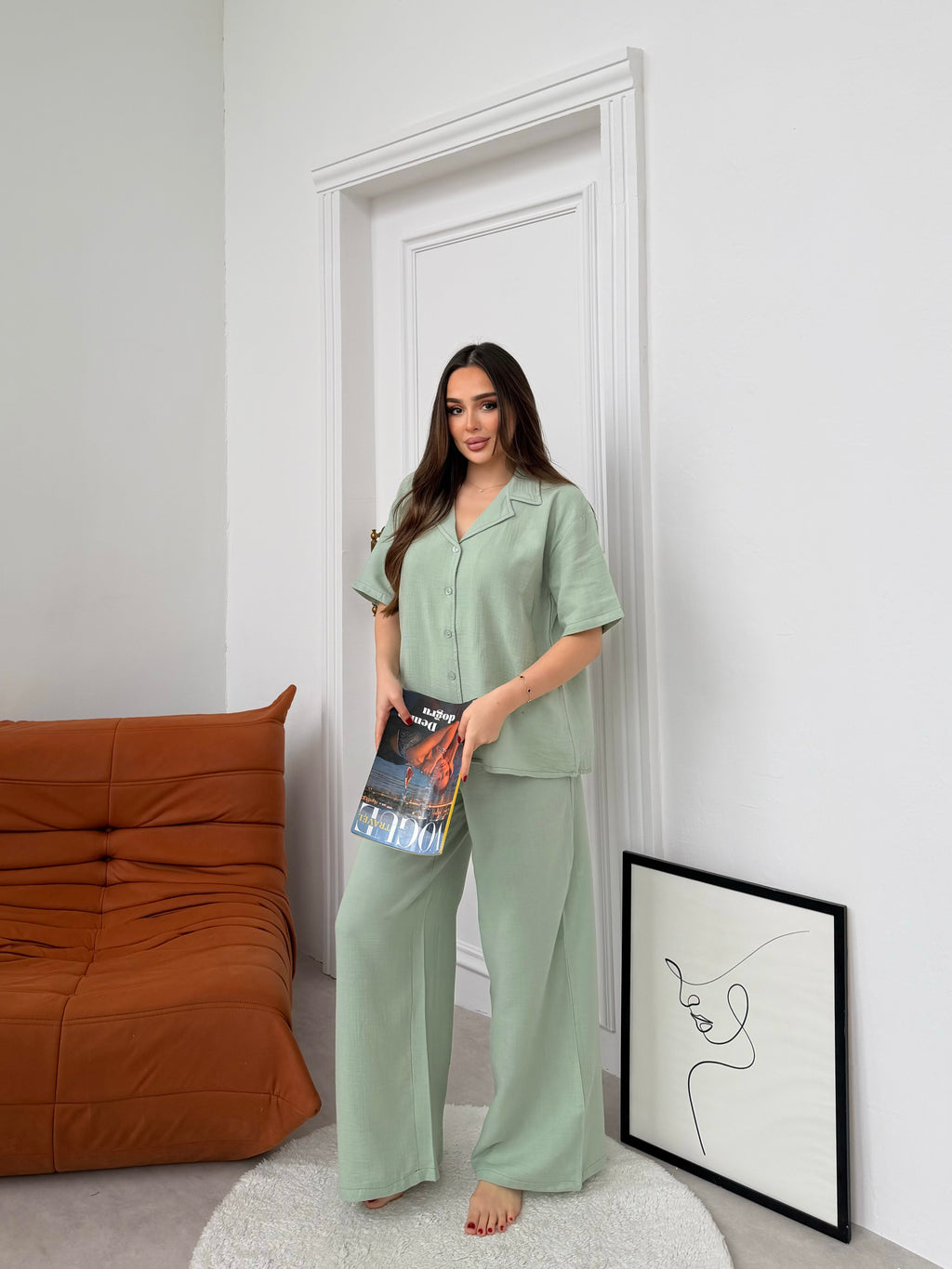 Müslin Uzun Pantolon Yeşil Pijama Takımı