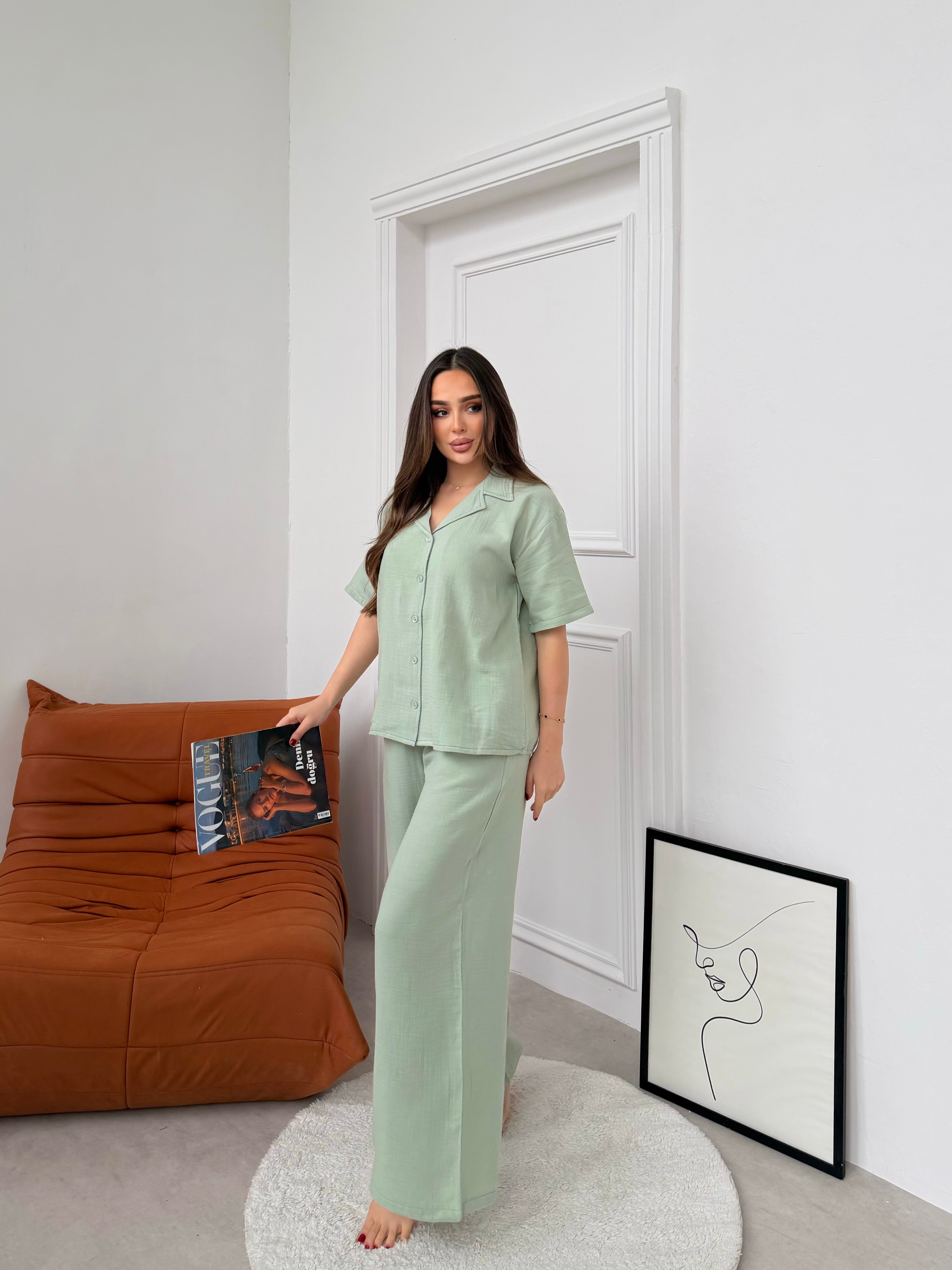 Müslin Uzun Pantolon Yeşil Pijama Takımı