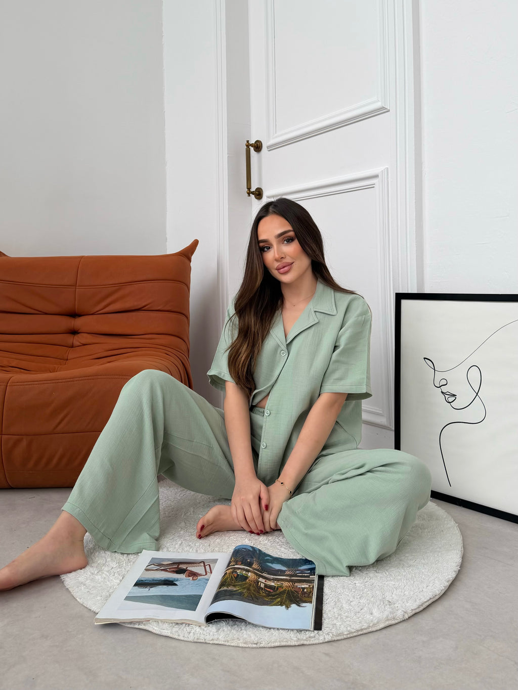 Müslin Uzun Pantolon Yeşil Pijama Takımı