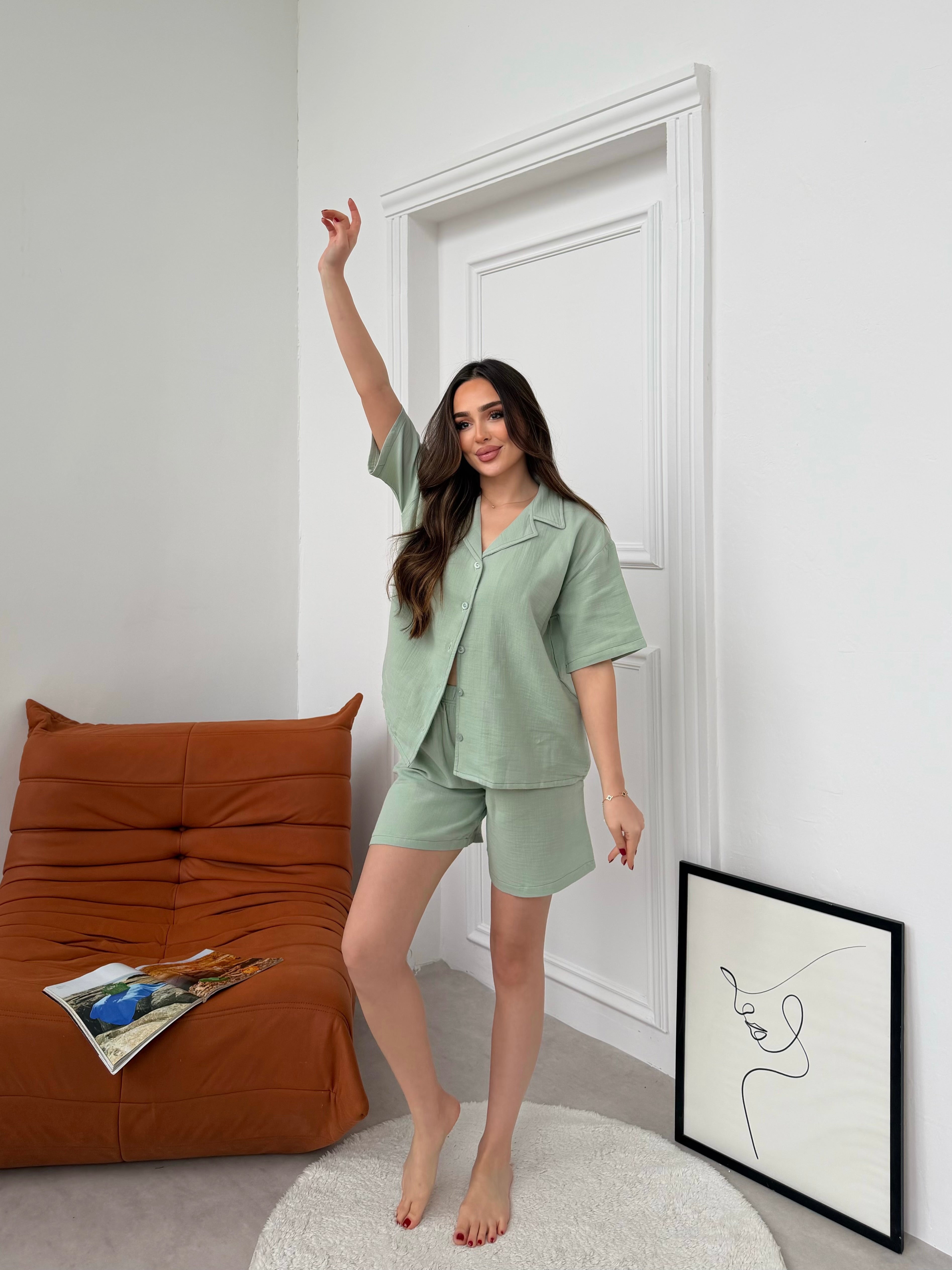 Müslin Kısa Kollu Yeşil Pijama Takımı