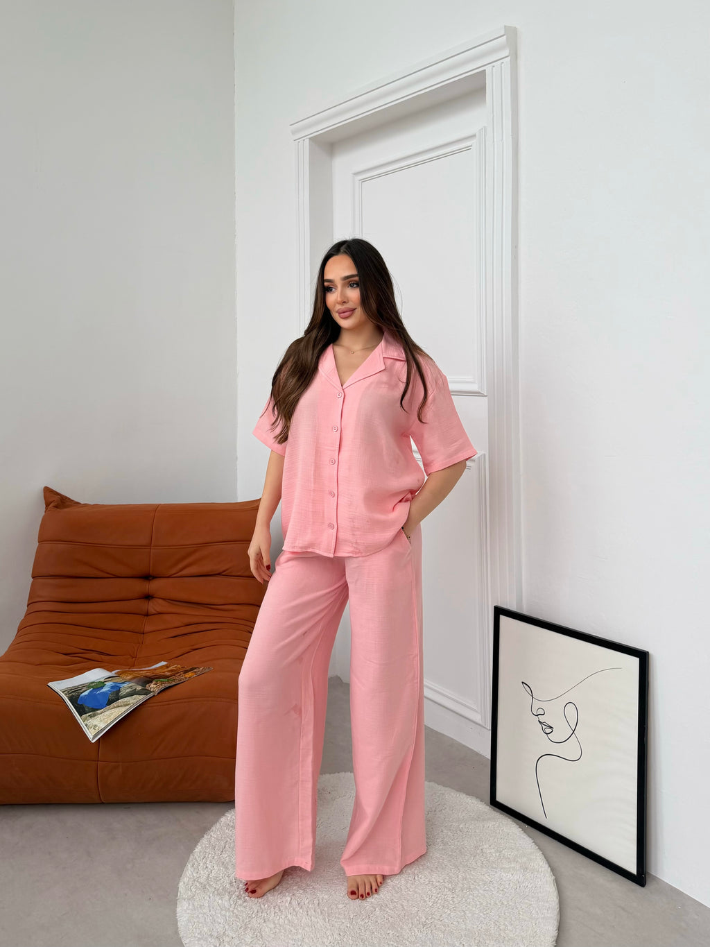 Müslin Uzun Pantolon Pembe Pijama Takımı