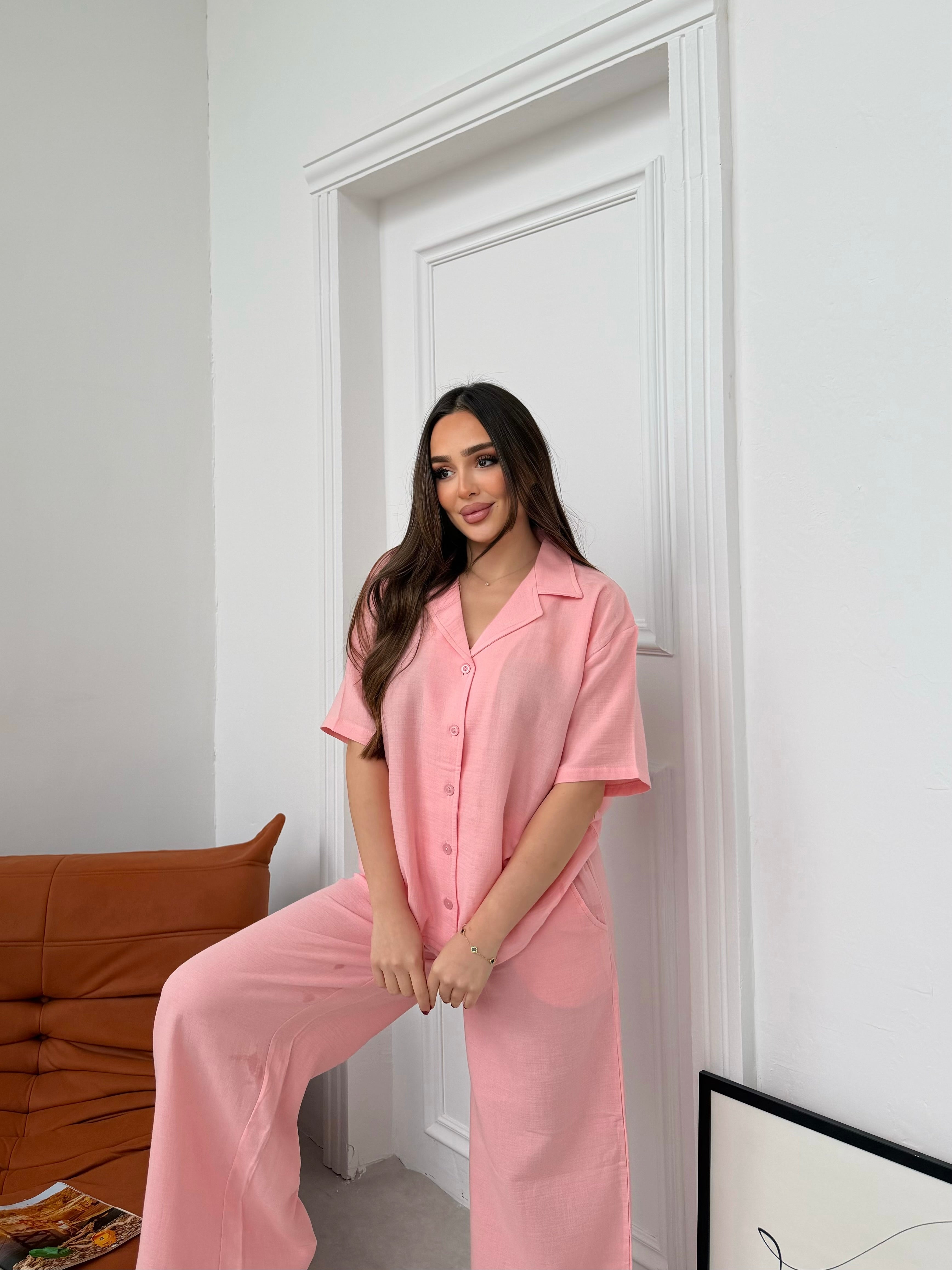 Müslin Uzun Pantolon Pembe Pijama Takımı