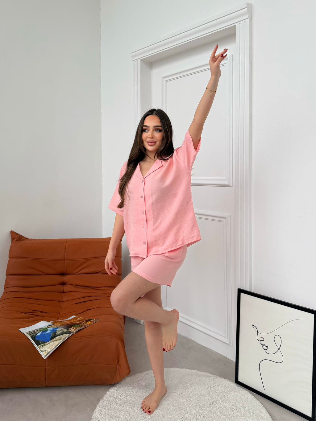 Müslin Kısa Kollu Pembe Pijama Takımı