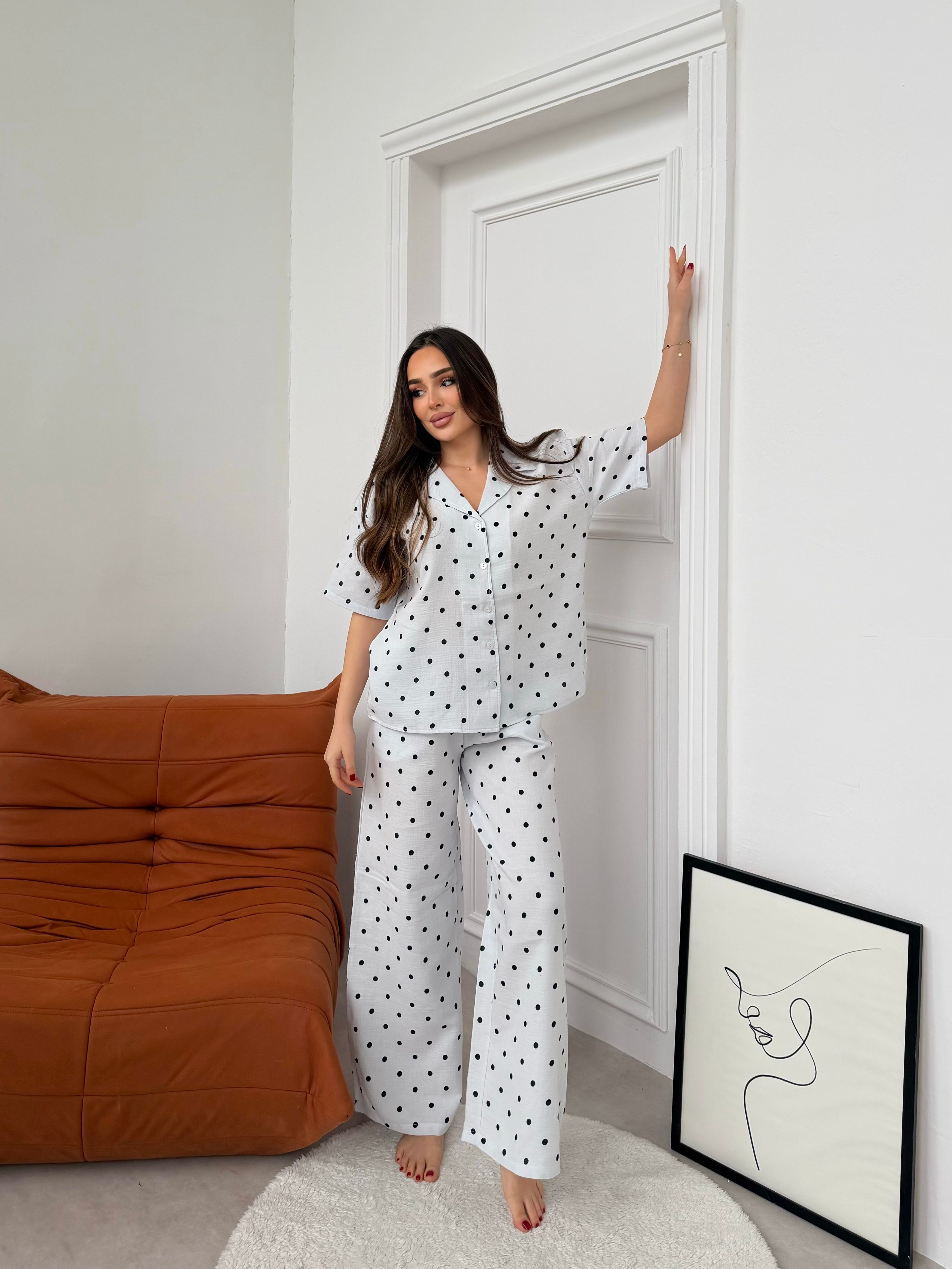 Müslin Uzun Pantolon Nokta Detaylı Pijama Takımı