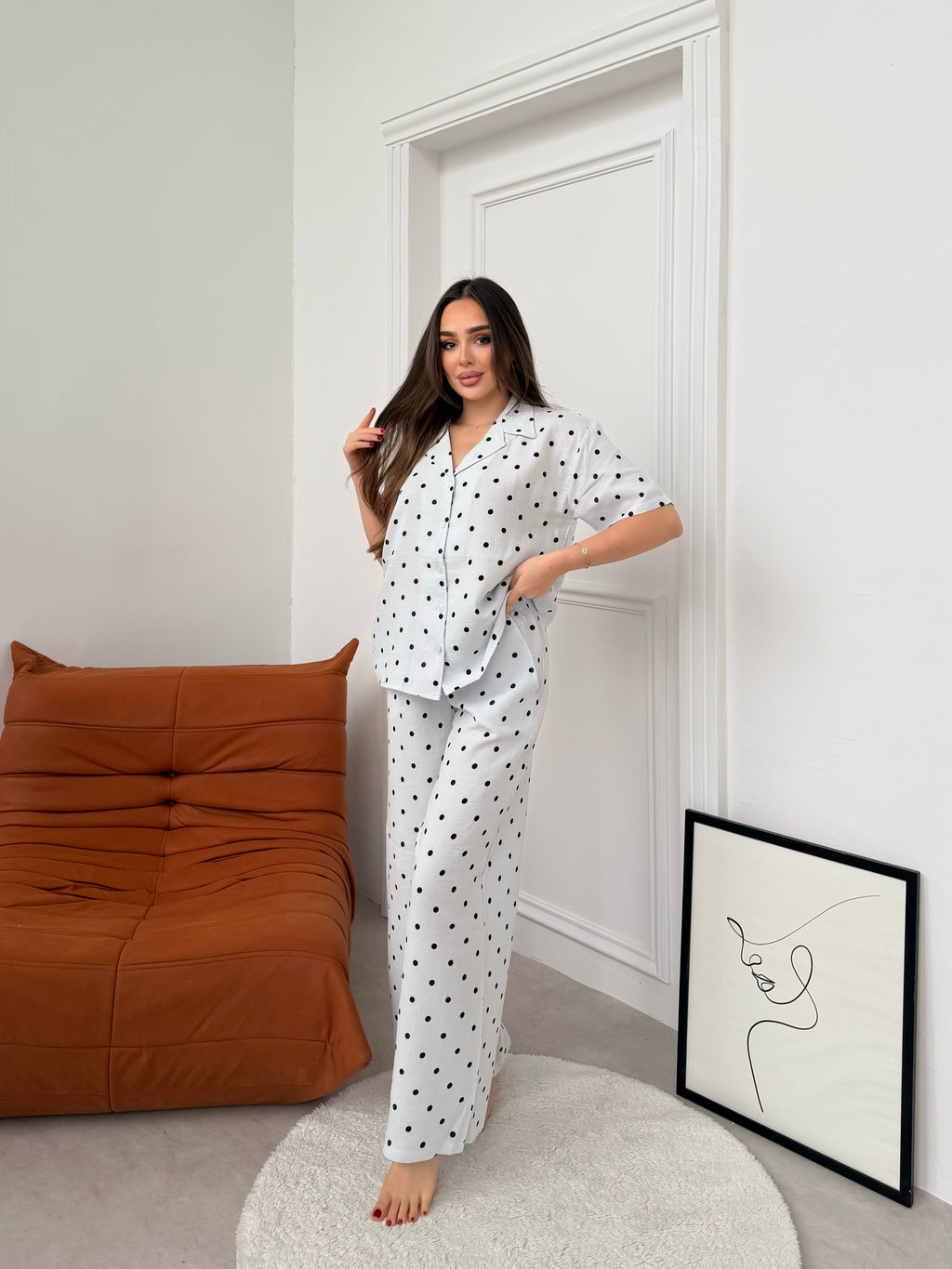 Müslin Uzun Pantolon Nokta Detaylı Pijama Takımı