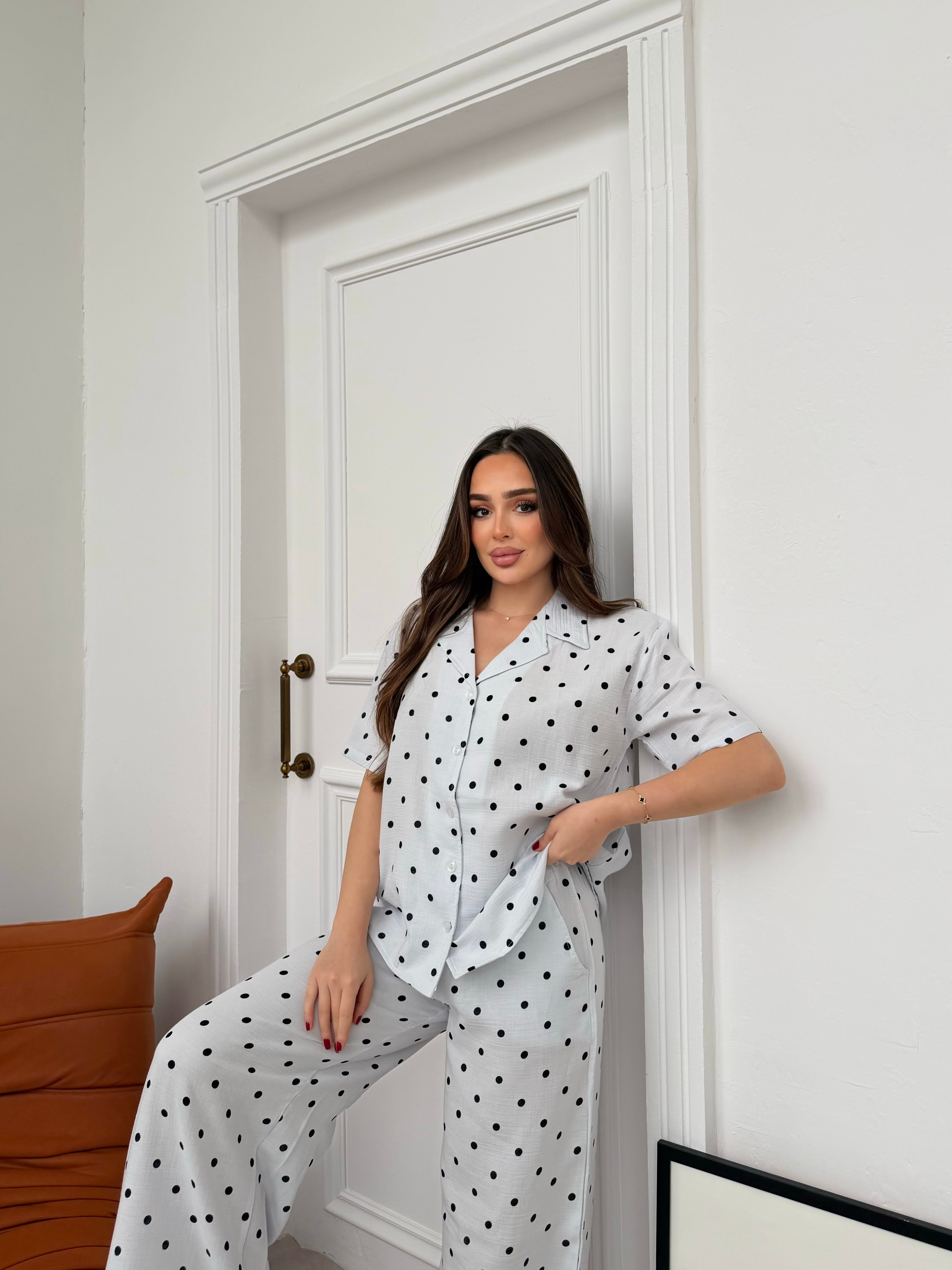 Müslin Uzun Pantolon Nokta Detaylı Pijama Takımı