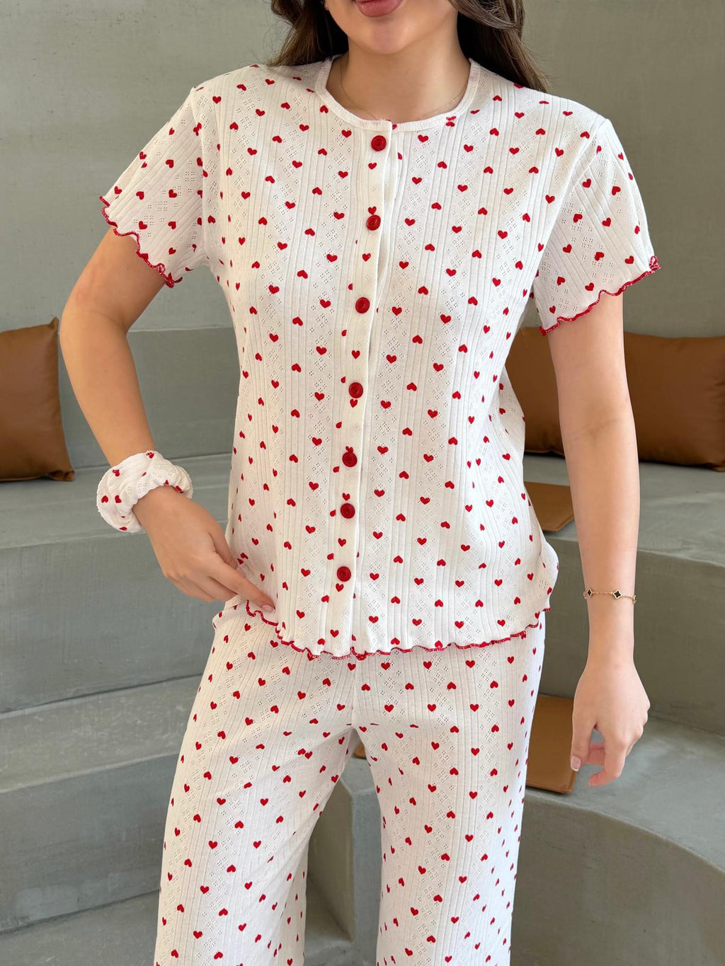 Slim Fit Kısa Kollu Beyaz Kalp Desenli Pinterest Takım