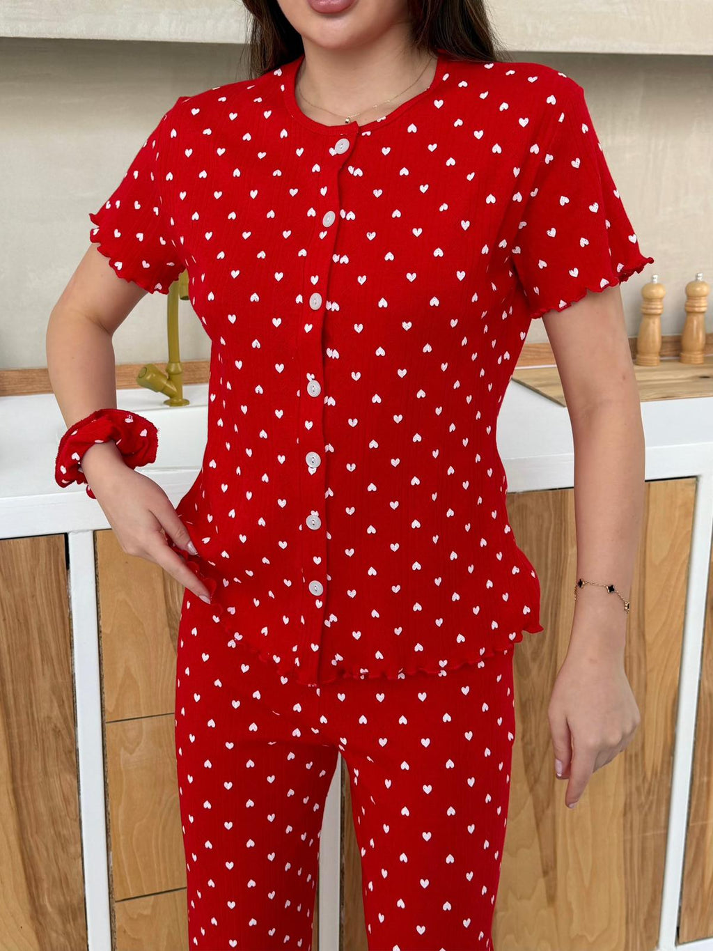 Slim Fit Kısa Kollu Kırmızı Kalp Desenli Pinterest Takım