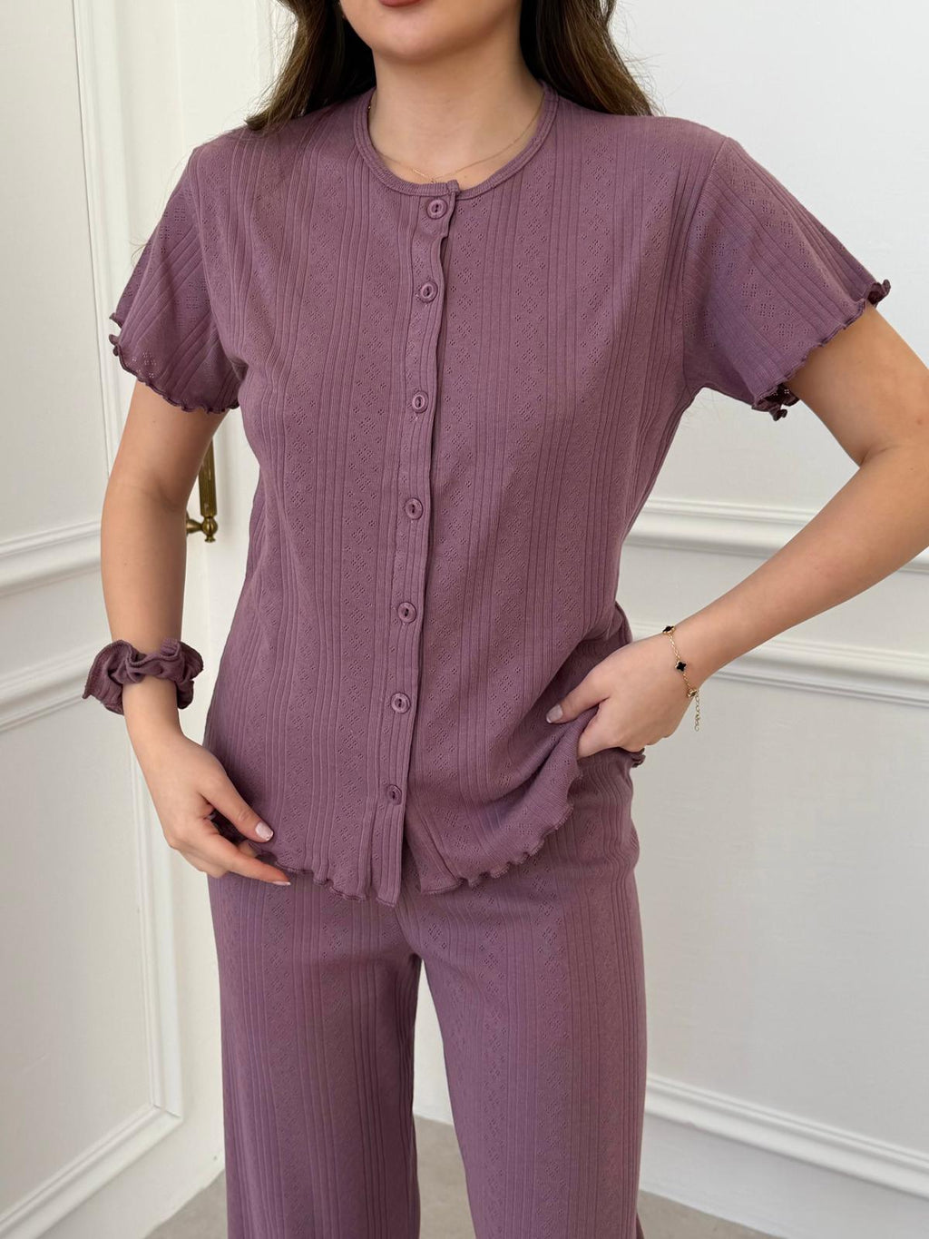 Slim Fit Kısa Kollu Mor Pinterest Takım