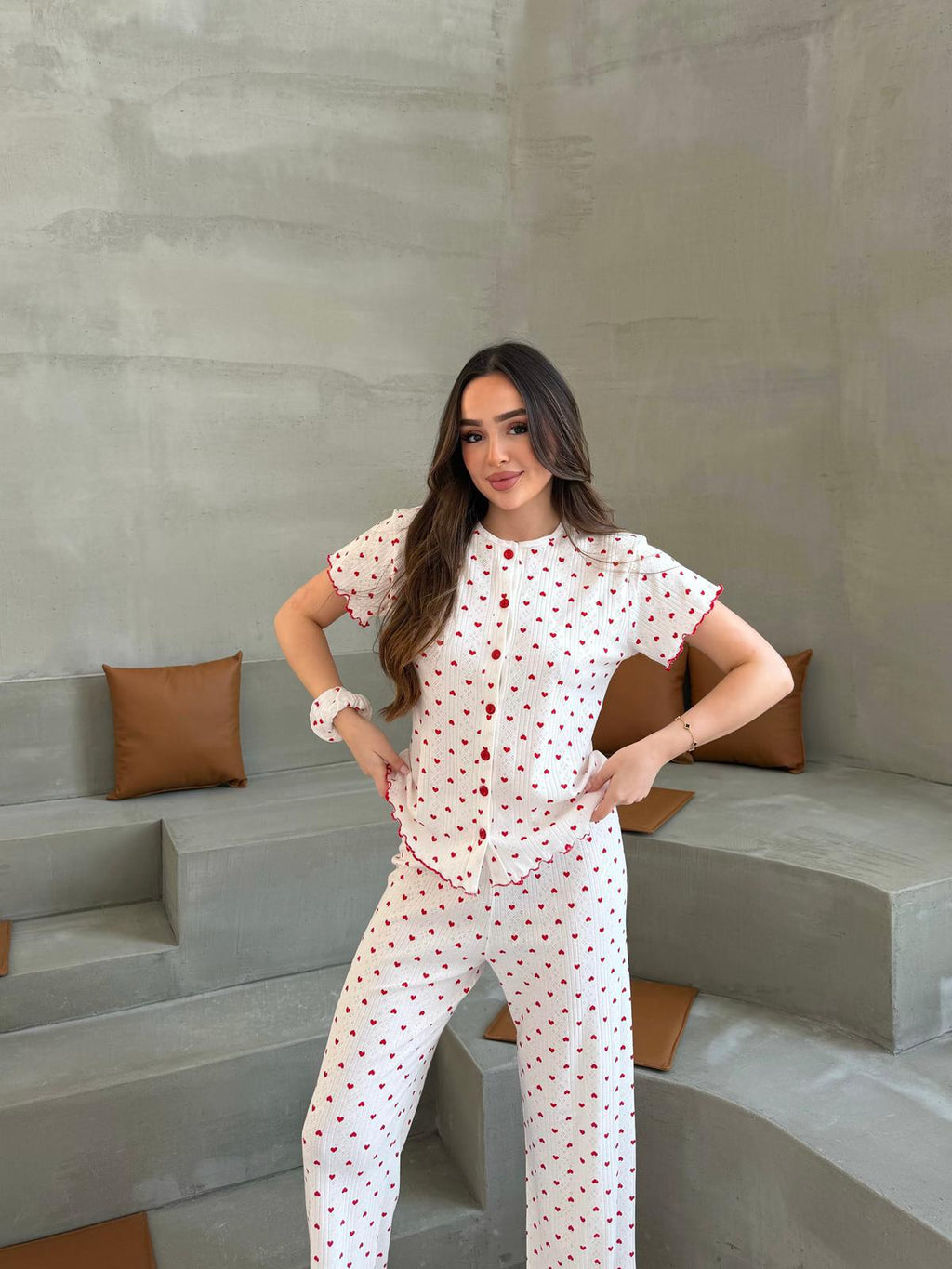 Slim Fit Kısa Kollu Beyaz Kalp Desenli Pinterest Takım