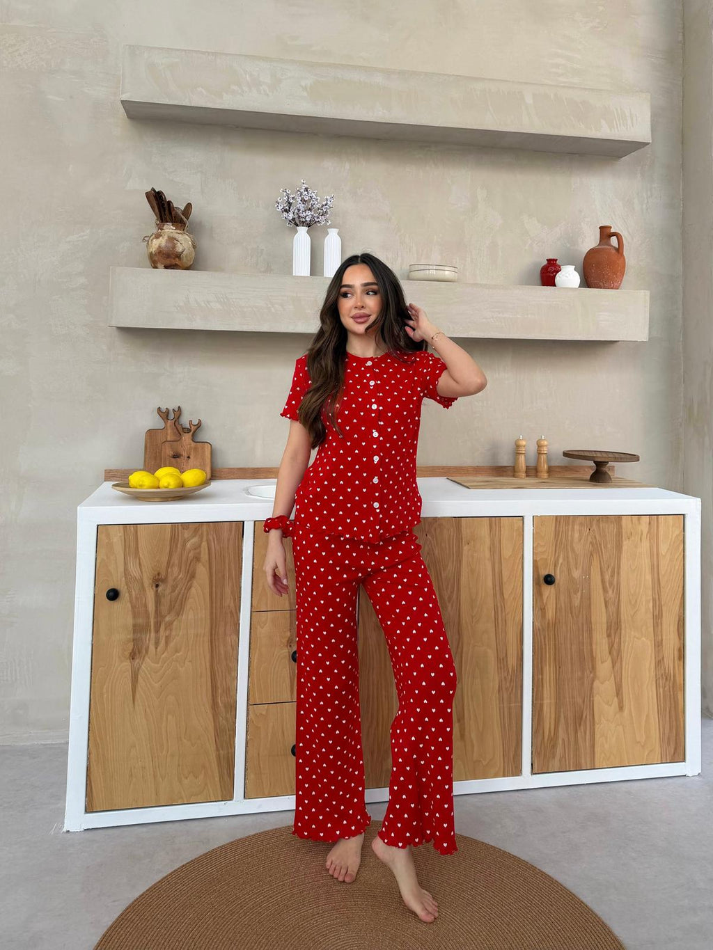 Slim Fit Kısa Kollu Kırmızı Kalp Desenli Pinterest Takım