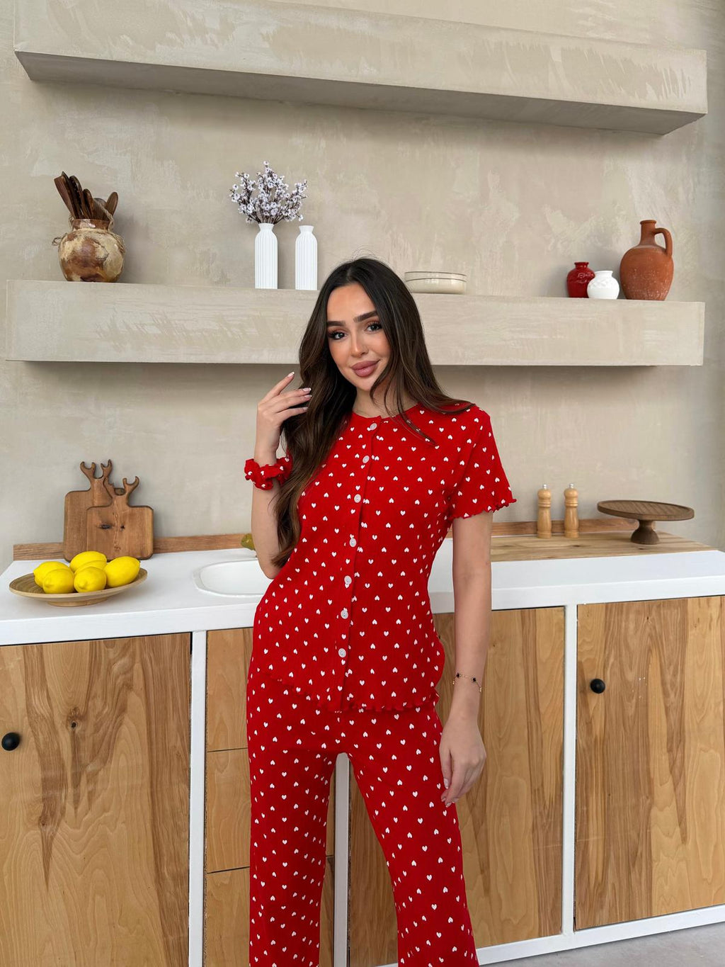 Slim Fit Kısa Kollu Kırmızı Kalp Desenli Pinterest Takım
