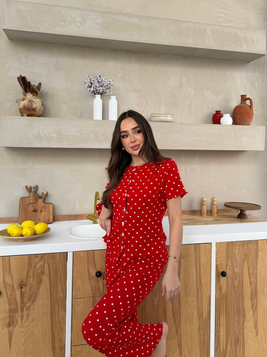 Slim Fit Kısa Kollu Kırmızı Kalp Desenli Pinterest Takım
