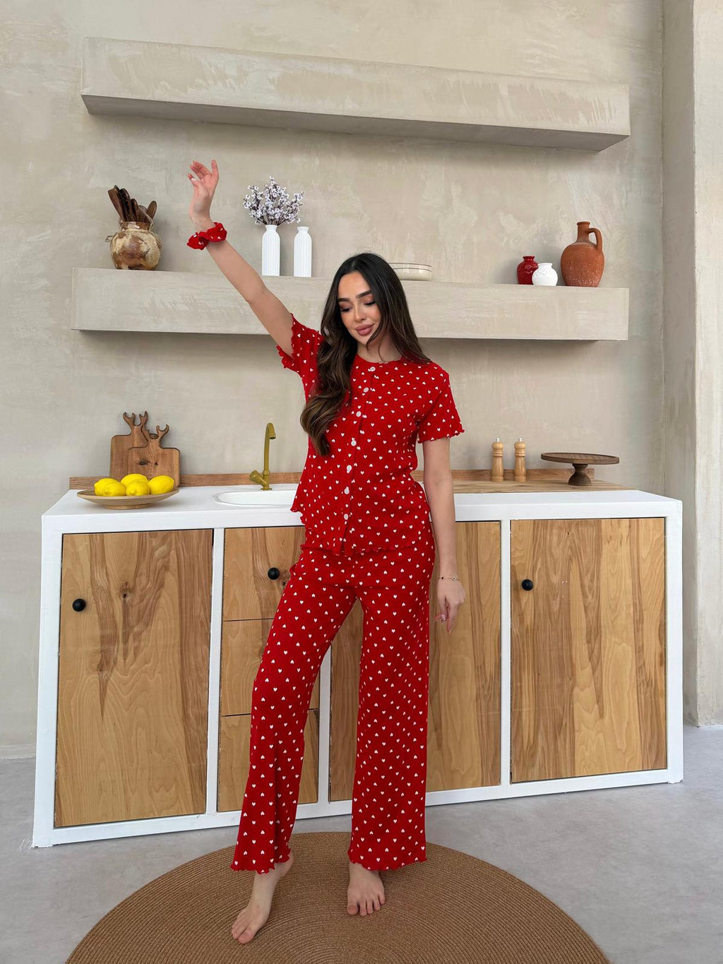 Slim Fit Kısa Kollu Kırmızı Kalp Desenli Pinterest Takım