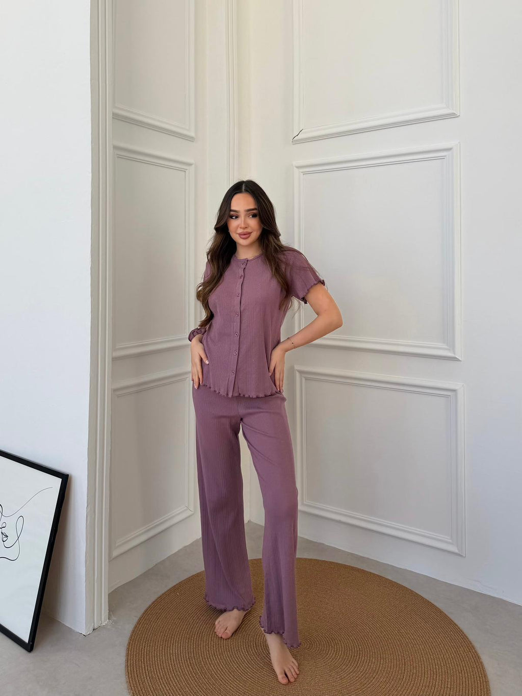 Slim Fit Kısa Kollu Mor Pinterest Takım