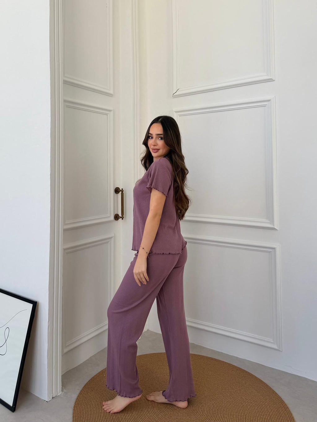 Slim Fit Kısa Kollu Mor Pinterest Takım