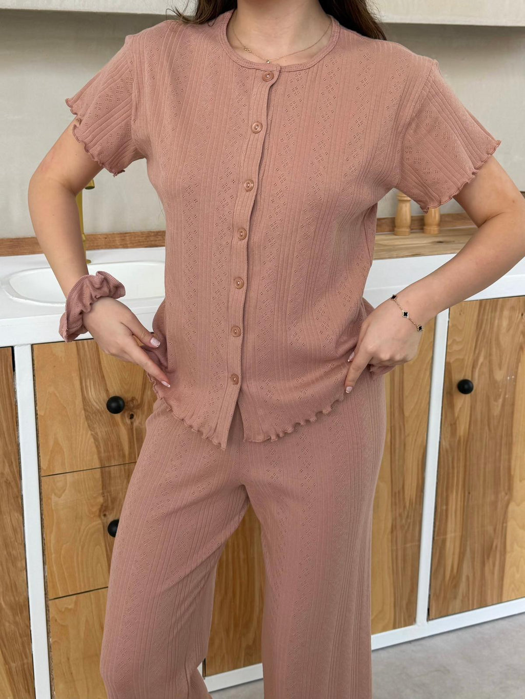 Slim Fit Kısa Kollu Kahverengi Pinterest Takım