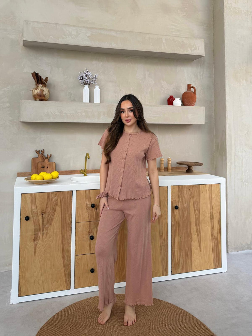 Slim Fit Kısa Kollu Kahverengi Pinterest Takım