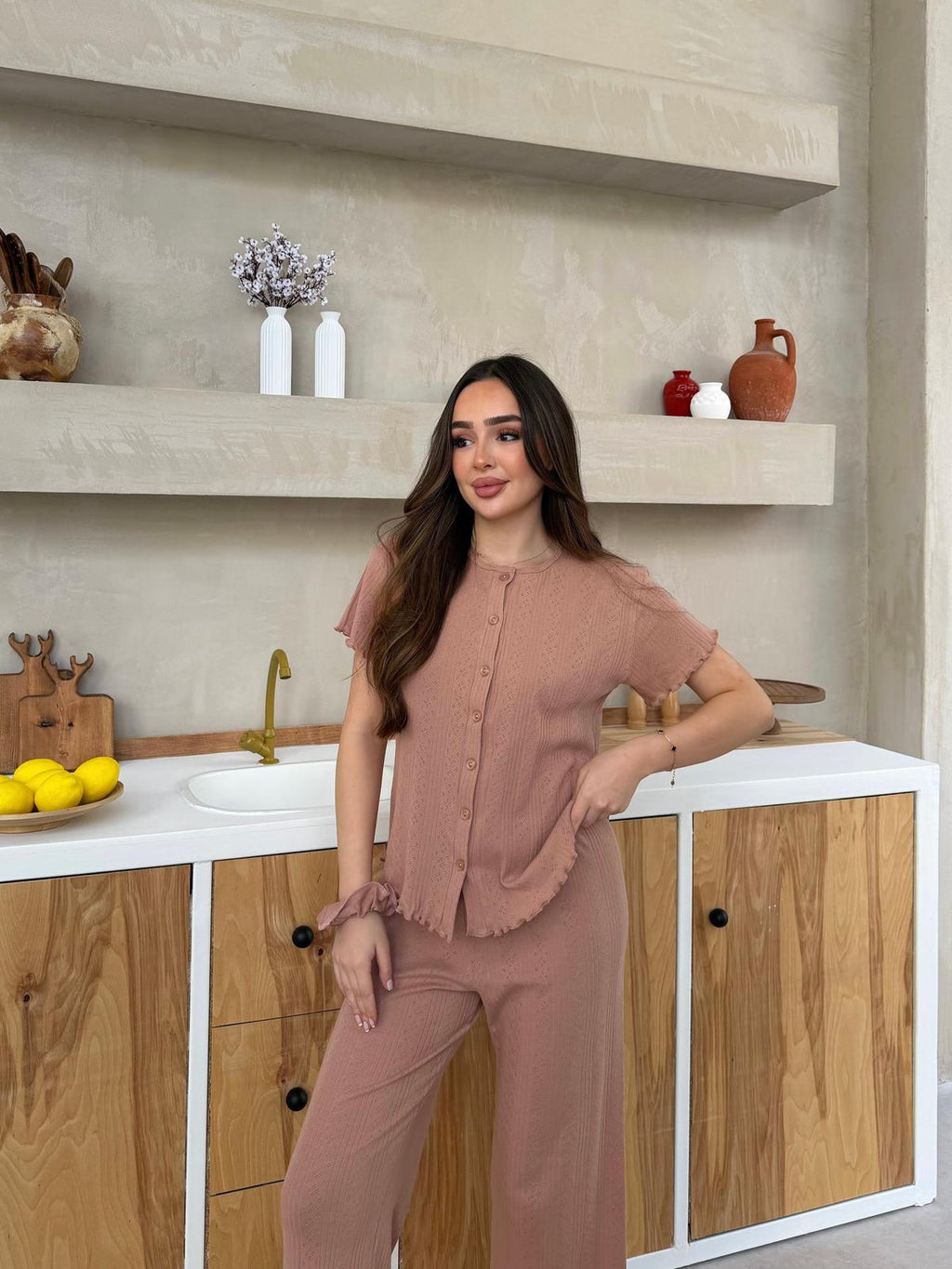 Slim Fit Kısa Kollu Kahverengi Pinterest Takım